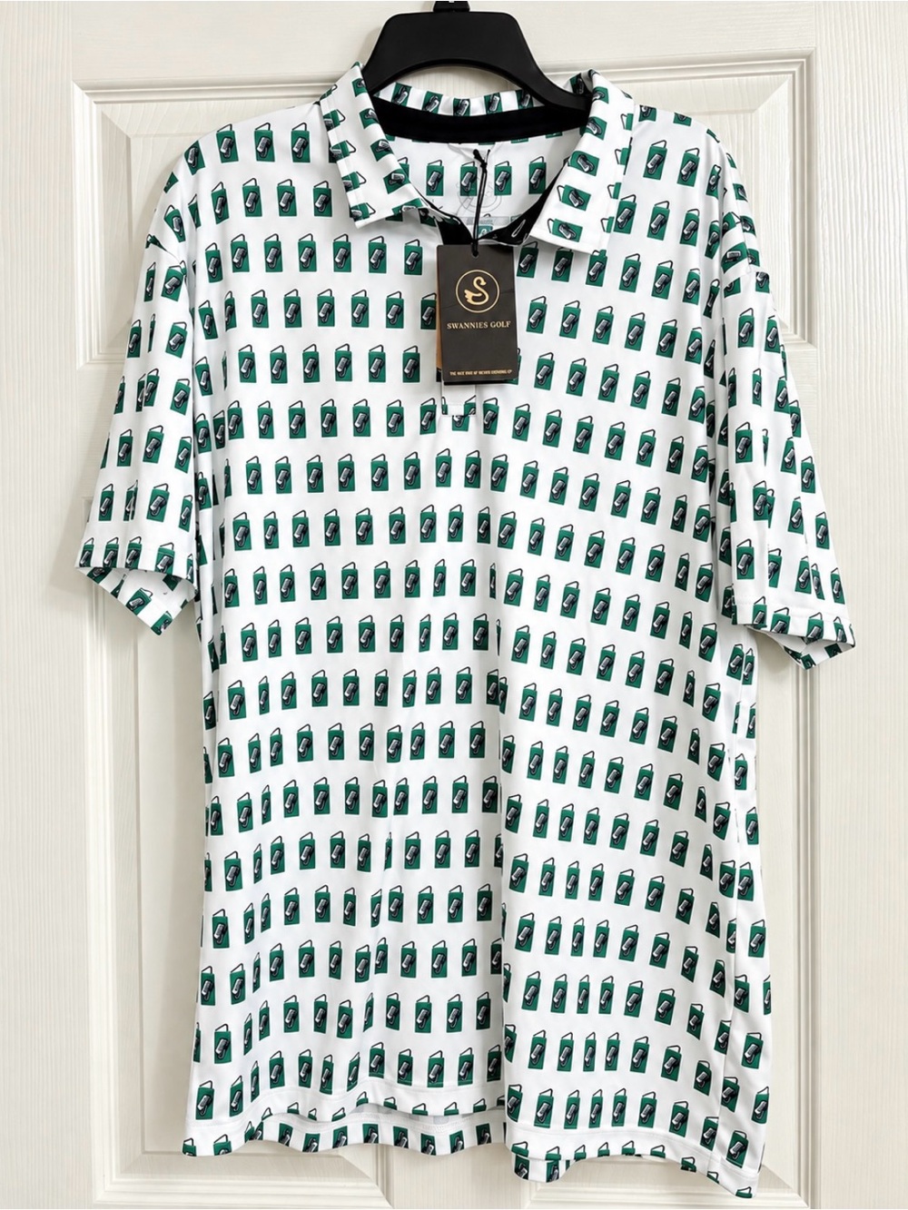 White Polo with Green Golf Bag Print by Swannies Golf